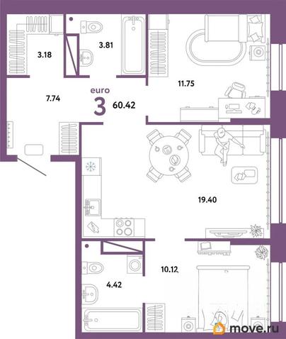 3-комн. квартира, 60.42 м&sup2;
