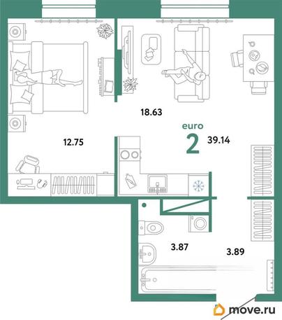 2-комн. квартира, 39.14 м&sup2;