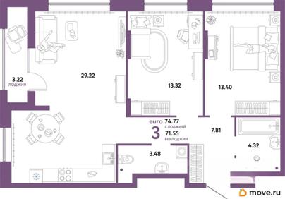 3-комн. квартира, 74.77 м&sup2;
