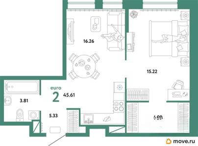 2-комн. квартира, 45.61 м&sup2;
