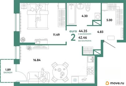 2-комн. квартира, 44.35 м&sup2;