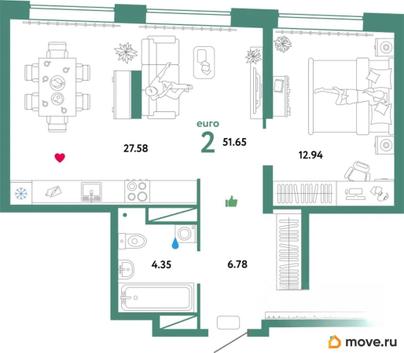 2-комн. квартира, 51.65 м&sup2;