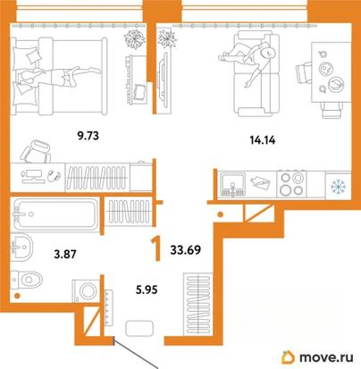 1-комн. квартира, 33.69 м&sup2;