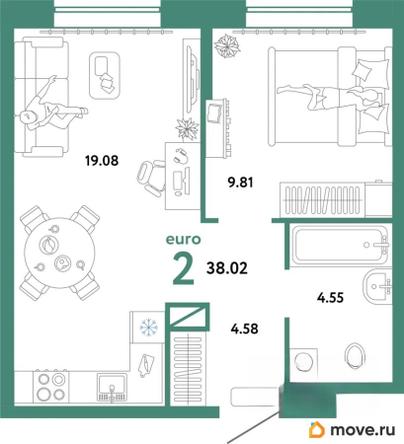 2-комн. квартира, 38.02 м&sup2;