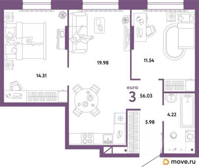3-комн. квартира, 56.03 м&sup2;