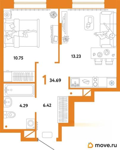 1-комн. квартира, 34.69 м&sup2;