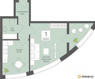 1-комн. квартира, 39.09 м&sup2;