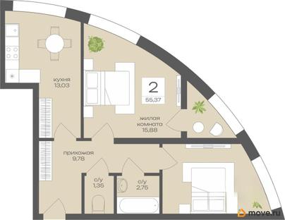 2-комн. квартира, 55.37 м&sup2;