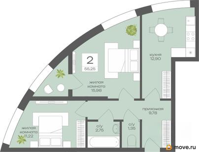2-комн. квартира, 55.25 м&sup2;