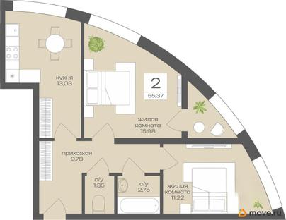 2-комн. квартира, 55.37 м&sup2;
