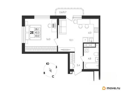 2-комн. квартира, 43 м&sup2;