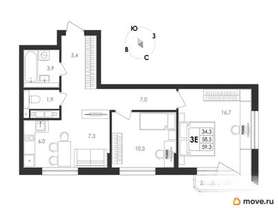 3-комн. квартира, 59.3 м&sup2;