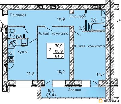 2-комн. квартира, 64.3 м&sup2;