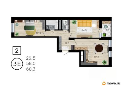 2-комн. квартира, 60.3 м&sup2;