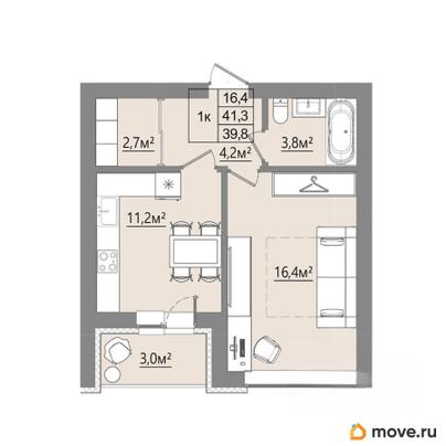 1-комн. квартира, 39.8 м&sup2;