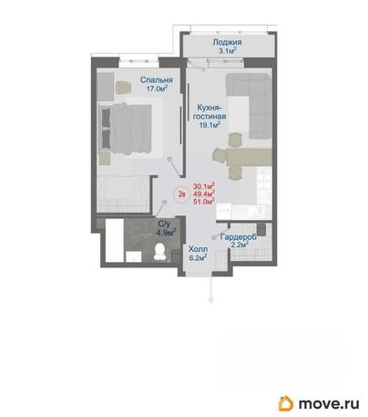 2-комн. квартира, 51 м&sup2;