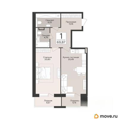 1-комн. квартира, 69.87 м&sup2;