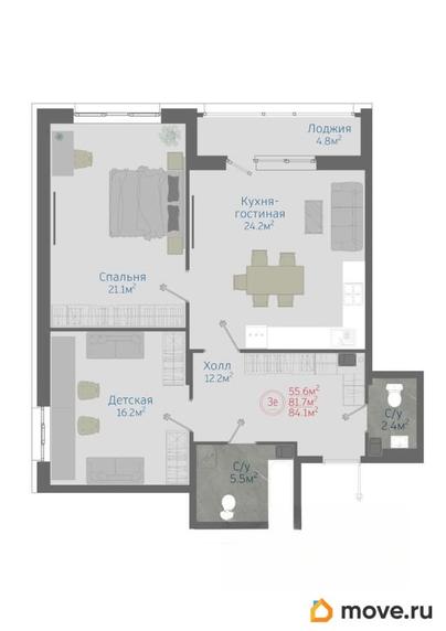 3-комн. квартира, 84.1 м&sup2;