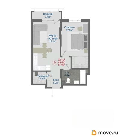 2-комн. квартира, 51 м&sup2;