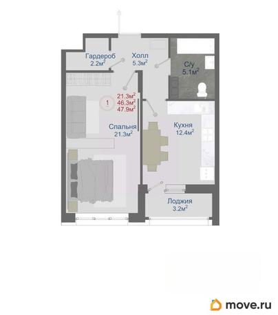 1-комн. квартира, 48.3 м&sup2;