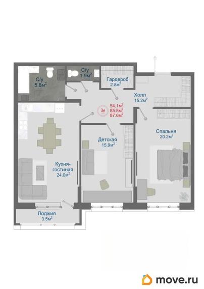 3-комн. квартира, 87.6 м&sup2;