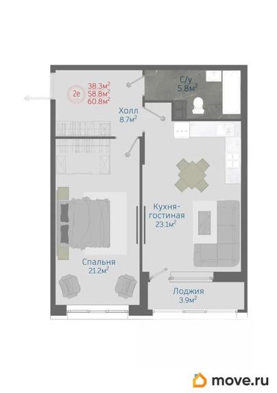 2-комн. квартира, 60.8 м&sup2;