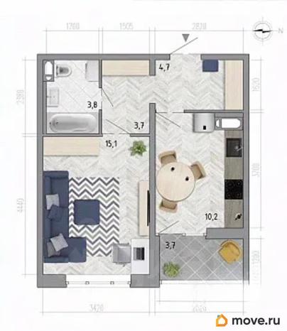 1-комн. квартира, 39.4 м&sup2;