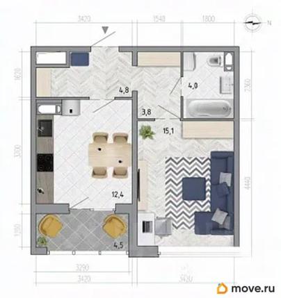 1-комн. квартира, 42.4 м&sup2;
