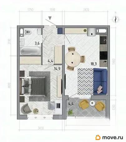 1-комн. квартира, 43.3 м&sup2;