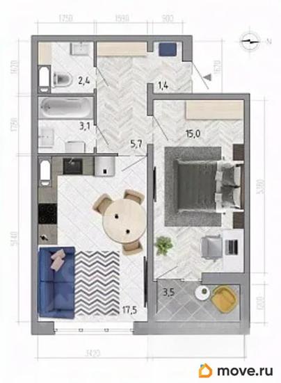 1-комн. квартира, 46.9 м&sup2;