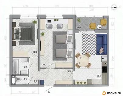 2-комн. квартира, 61.7 м&sup2;