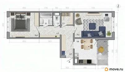 2-комн. квартира, 61.8 м&sup2;