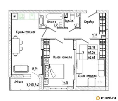 2-комн. квартира, 62.77 м&sup2;