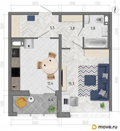 1-комн. квартира, 42.9 м&sup2;