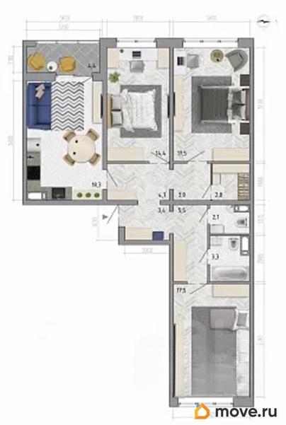 3-комн. квартира, 94.7 м&sup2;