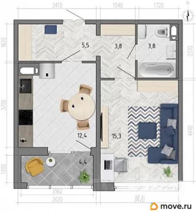 1-комн. квартира, 42.9 м&sup2;