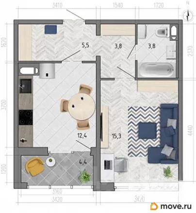 1-комн. квартира, 42.9 м&sup2;