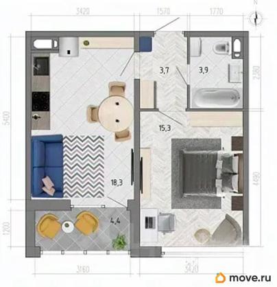 1-комн. квартира, 43.2 м&sup2;