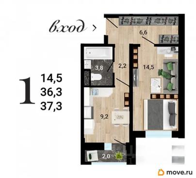 1-комн. квартира, 38.07 м&sup2;