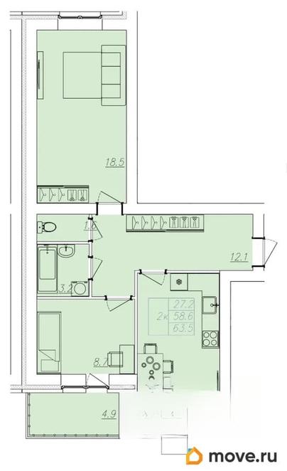 2-комн. квартира, 63.5 м&sup2;