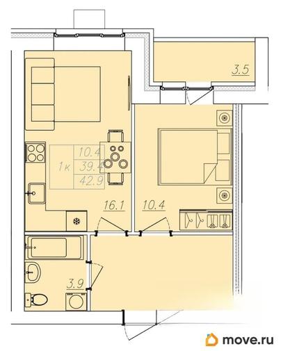 1-комн. квартира, 42.9 м&sup2;