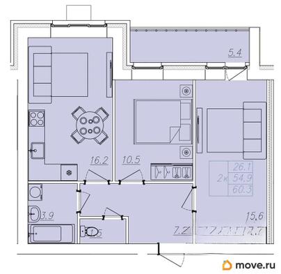 2-комн. квартира, 60.3 м&sup2;
