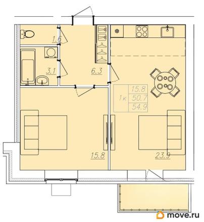 2-комн. квартира, 54.9 м&sup2;