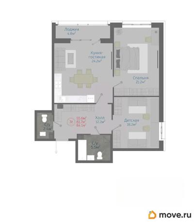 3-комн. квартира, 84.1 м&sup2;