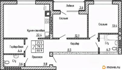 2-комн. квартира, 80.9 м&sup2;