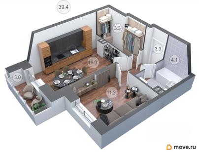 2-комн. квартира, 39.5 м&sup2;