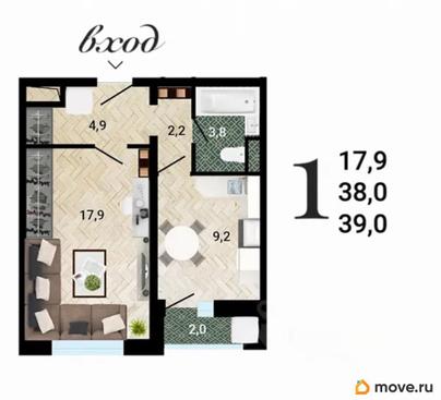 1-комн. квартира, 38.8 м&sup2;
