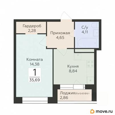 1-комн. квартира, 35.69 м&sup2;