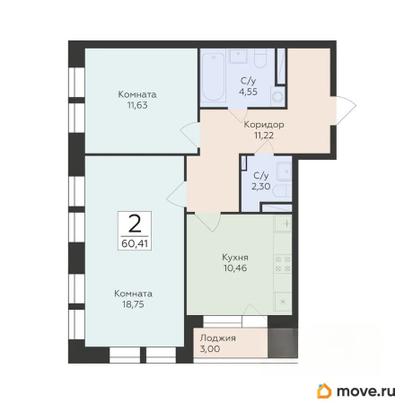 2-комн. квартира, 60.41 м&sup2;