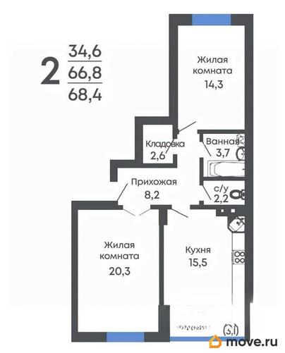 2-комн. квартира, 68.4 м&sup2;